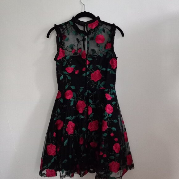 City Studio High Neck Sheer Embroidered Floral Vine Tulle Mini Dress - Picture 6 of 7